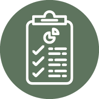 icon of a clipboard report with a pie chart and checklist